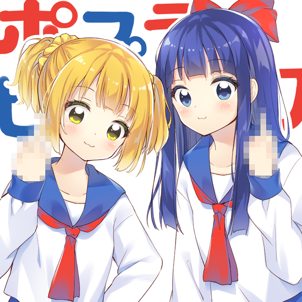 Anime picture 800x800 with poptepipic pipimi popuko noda shuha long hair looking at viewer blush fringe short hair blue eyes blonde hair twintails multiple girls yellow eyes payot blue hair upper body blunt bangs censored copyright name