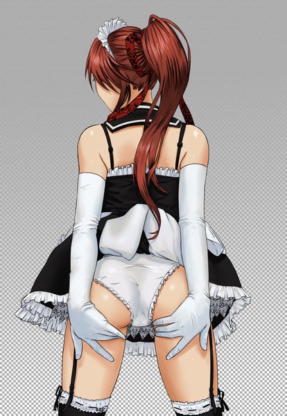 Anime picture 3200x4630 with forgotten-wings single long hair tall image highres light erotic simple background brown hair absurdres ass ponytail from behind grey background maid girl thighhighs gloves underwear panties black thighhighs