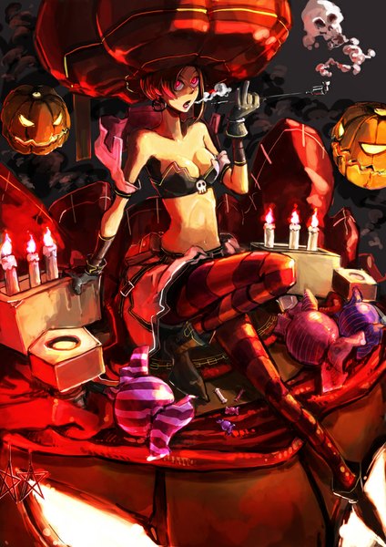 Anime picture 707x1000 with original holysnow tall image short hair breasts open mouth red eyes bare shoulders red hair bare belly looking up smoke halloween girl hat earrings pantyhose food sweets jewelry