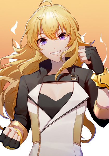 Anime picture 700x1000 with rwby rooster teeth yang xiao long asd13 single long hair tall image looking at viewer fringe simple background blonde hair smile hair between eyes purple eyes upper body ahoge head tilt orange background girl gloves