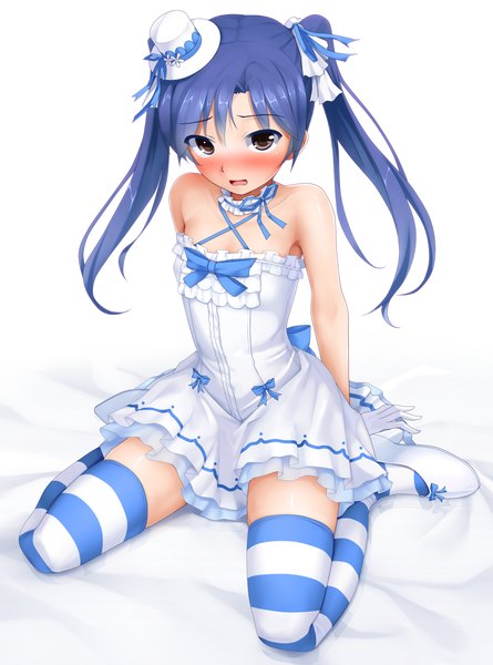Anime picture 890x1200 with idolmaster kisaragi chihaya eto single long hair tall image looking at viewer blush open mouth simple background white background twintails bare shoulders brown eyes blue hair zettai ryouiki girl thighhighs dress bow