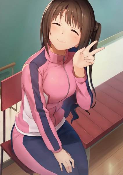 Anime picture 1188x1680 with idolmaster idolmaster cinderella girls shimamura uzuki dacchi single long hair tall image blush fringe breasts smile brown hair large breasts sitting payot indoors eyes closed long sleeves from above one side up