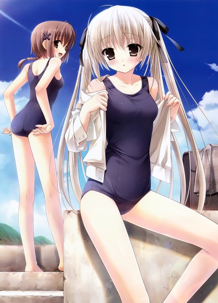 Anime picture 2119x2952 with yosuga no sora kasugano sora amatsume akira kanekiyo miwa long hair tall image looking at viewer blush highres short hair open mouth light erotic brown hair multiple girls brown eyes sky cloud (clouds) white hair girl ribbon (ribbons)