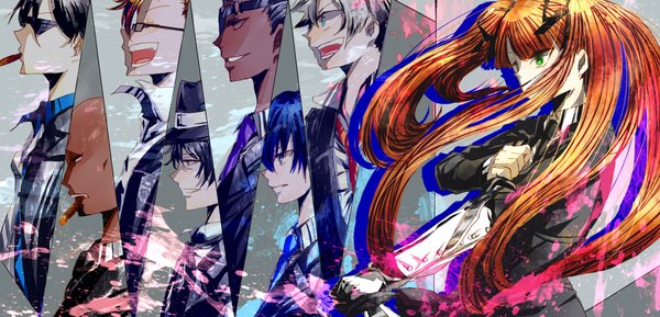 Anime picture 2124x1024 with arcana famiglia felicita debito luca (arcana famiglia) pace jolly nova (arcana famiglia) liberta dante (arcana famiglia) yamadaa long hair highres short hair open mouth blue eyes black hair blonde hair smile red eyes wide image