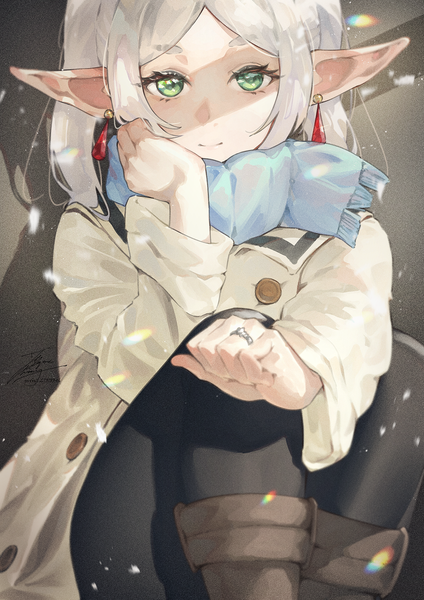 Anime picture 1061x1500 with sousou no frieren frieren fadingz single long hair tall image sitting twintails green eyes signed white hair light smile pointy ears shaded face elf girl earrings pantyhose black pantyhose scarf
