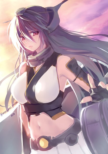 Anime picture 800x1131 with kantai collection nagato battleship obiwan single long hair tall image looking at viewer fringe breasts hair between eyes red eyes large breasts standing signed sky purple hair outdoors pleated skirt fingernails wind