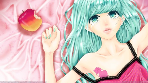 Anime picture 1920x1080 with vocaloid romeo to cinderella (vocaloid) hatsune miku yunomi (yunomi imonuy) long hair highres wide image bare shoulders green eyes nail polish green hair tears girl fruit apple