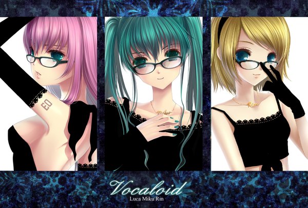 Anime picture 1477x1000 with vocaloid hatsune miku megurine luka kagamine rin blue eyes blonde hair twintails multiple girls green eyes pink hair nail polish green hair girl gloves detached sleeves glasses 3 girls