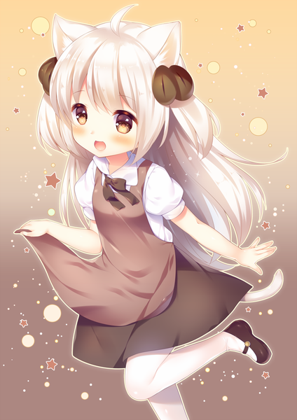 Anime picture 800x1131 with original natsume asato single long hair tall image blush fringe open mouth smile twintails brown eyes animal ears looking away ahoge white hair tail animal tail cat ears short sleeves cat girl