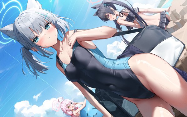 Anime-Bild 2048x1286 mit blue archive shiroko (blue archive) hoshino (blue archive) shiroko (swimsuit) (blue archive) serika (blue archive) hoshino (swimsuit) (blue archive) serika (swimsuit) (blue archive) kyonta looking at viewer blush fringe highres short hair breasts open mouth blue eyes light erotic black hair red eyes standing