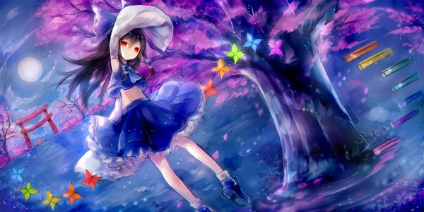 Anime-Bild 1400x700 mit touhou hakurei reimu hanchan single long hair looking at viewer fringe red eyes brown hair wide image standing looking back night bare belly cherry blossoms alternate color girl skirt plant (plants) detached sleeves
