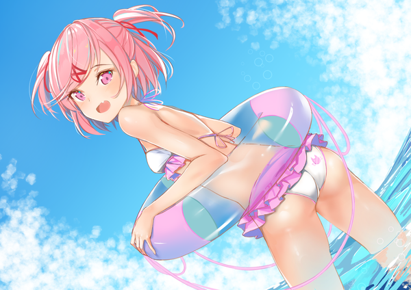 Anime picture 1169x827 with doki doki literature club natsuki (doki doki literature club) xhunzei single looking at viewer blush fringe short hair open mouth light erotic standing holding pink hair sky cloud (clouds) ass outdoors pink eyes looking back fang (fangs)