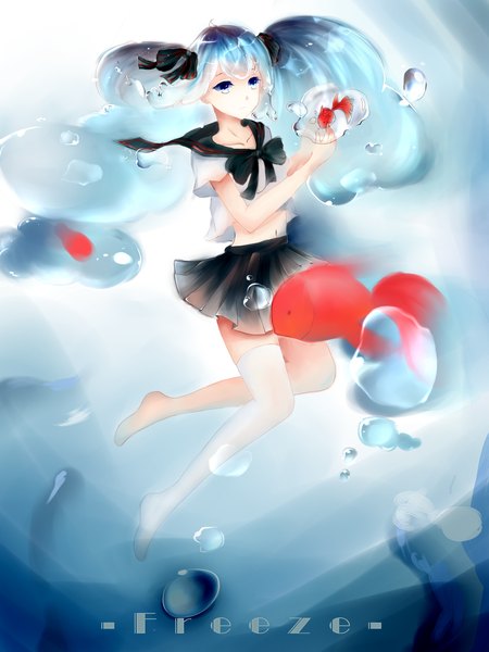Anime picture 1500x2000 with vocaloid hatsune miku freeze single tall image blue eyes twintails very long hair aqua hair legs girl thighhighs skirt navel bow hair bow white thighhighs serafuku bubble (bubbles) fish (fishes)