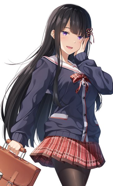 Anime picture 800x1312 with original yuuri nayuta single long hair tall image looking at viewer blush fringe breasts open mouth black hair simple background smile white background purple eyes holding blunt bangs long sleeves :d pleated skirt