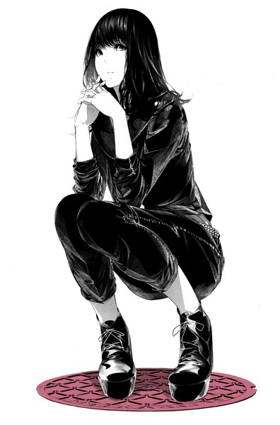 Anime picture 991x1500 with original sousou (sousouworks) single long hair tall image fringe black hair simple background white background full body grey eyes monochrome looking up squat lacing white skin casual girl cross-laced footwear ankle boots