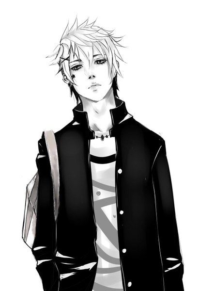 Anime picture 1024x1503 with original hnci single tall image looking at viewer short hair black hair simple background white background white hair multicolored hair open clothes open jacket two-tone hair grey eyes monochrome boy uniform hair ornament school uniform