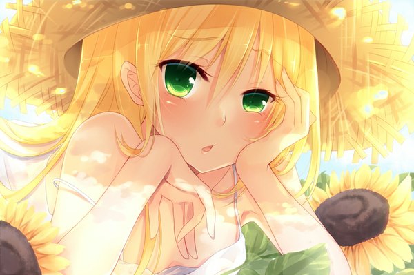 Anime picture 1000x666 with original hatachi single long hair open mouth light erotic blonde hair green eyes sunlight arm support girl dress flower (flowers) hat straw hat sunflower