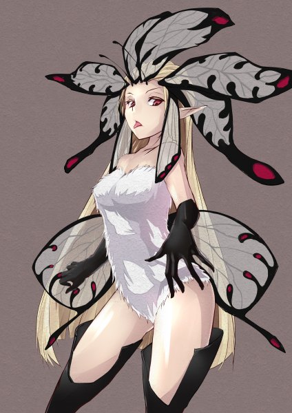 Anime picture 848x1200 with bravely default: flying fairy aerie (bravely default) kobiemon single long hair tall image looking at viewer simple background blonde hair red eyes bare shoulders pointy ears grey background fantasy head wings fairy girl gloves wings black gloves