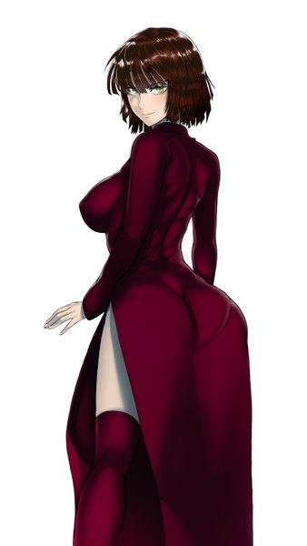 Anime picture 903x1600 with one-punch man madhouse fubuki (one-punch man) the golden smurf single tall image looking at viewer blush fringe short hair breasts light erotic simple background smile brown hair large breasts white background green eyes ahoge ass