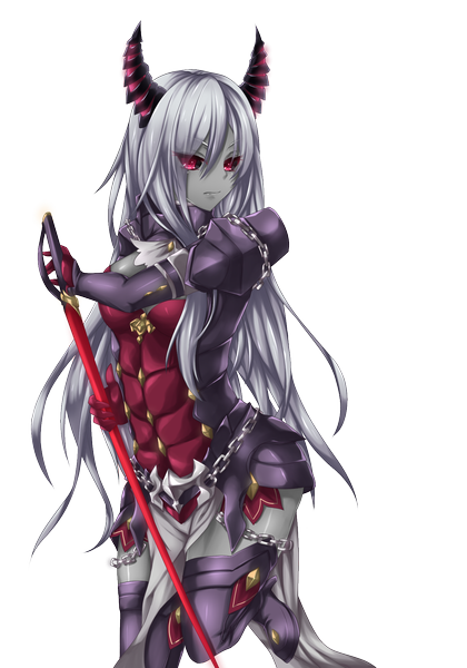 Anime picture 1400x2000 with elsword fi-san single tall image looking at viewer simple background white background silver hair very long hair pink eyes horn (horns) dark skin demon girl monster girl girl weapon armor thigh boots chain epee