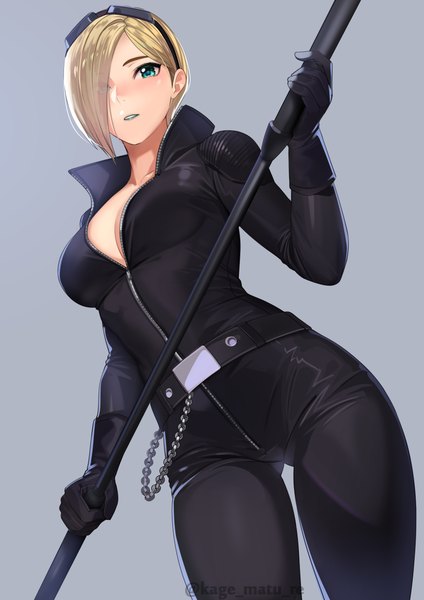 Anime picture 1736x2456 with street fighter capcom falke (street fighter) kagematsuri single tall image looking at viewer blush fringe highres short hair breasts light erotic simple background blonde hair large breasts standing holding green eyes signed