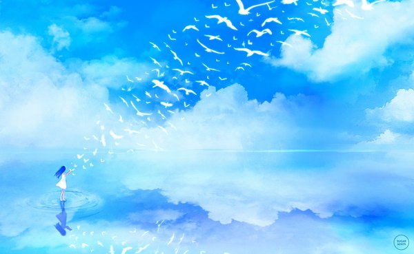 Anime picture 1024x630 with original sugarmints long hair wide image signed blue hair sky cloud (clouds) barefoot reflection girl dress animal water white dress bird (birds)