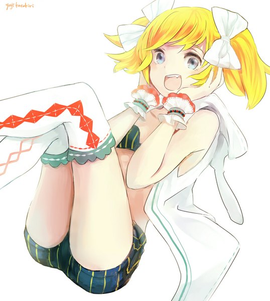 Anime picture 897x1000 with vocaloid kagamine rin yuji kazakiri single tall image fringe short hair open mouth simple background blonde hair white background twintails looking away open clothes open jacket bare belly grey eyes happy rhombus girl