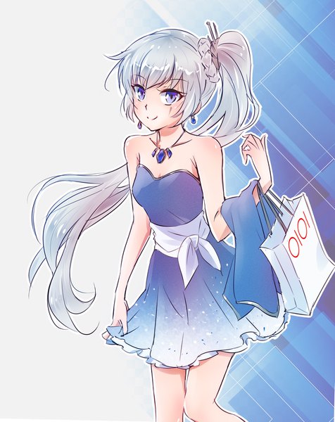 Anime picture 1589x2000 with rwby rooster teeth weiss schnee iesupa single long hair tall image looking at viewer blue eyes simple background smile bare shoulders silver hair side ponytail scar outline shopping girl dress earrings