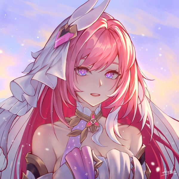 Anime picture 1440x1440 with honkai impact 3rd honkai (series) elysia (honkai impact) elysia (herrscher of human:ego) (honkai impact) damon ct single long hair looking at viewer blush fringe breasts open mouth light erotic purple eyes bare shoulders signed pink hair sky cleavage cloud (clouds)