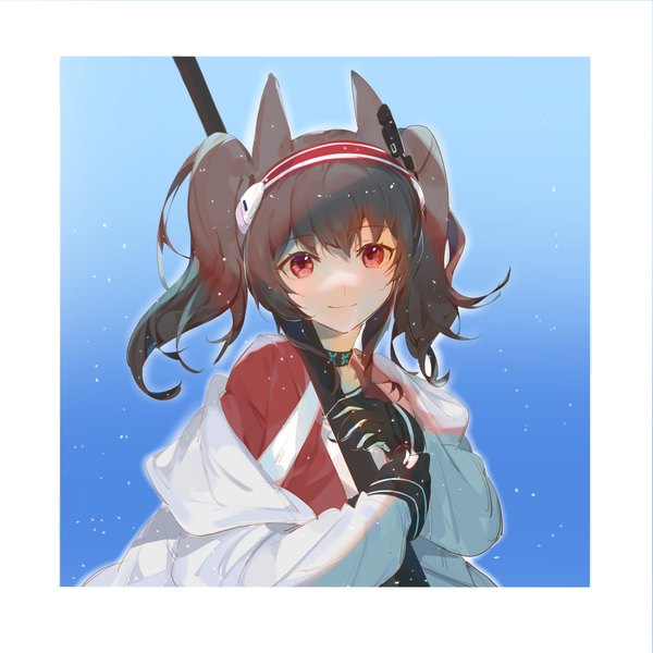 Anime picture 2480x2480 with arknights angelina (arknights) fui (fui29493452) single long hair looking at viewer highres simple background red eyes brown hair twintails animal ears upper body light smile border blue background girl gloves choker black gloves