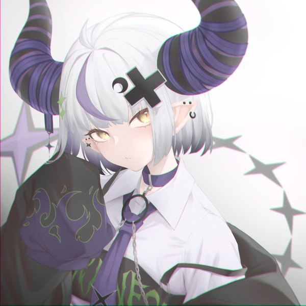 Anime picture 3508x3508 with virtual youtuber hololive la+ darknesss la+ darknesss (3rd costume) a9 (repainter) single looking at viewer highres short hair yellow eyes absurdres silver hair upper body head tilt multicolored hair horn (horns) pointy ears streaked hair piercing official alternate costume