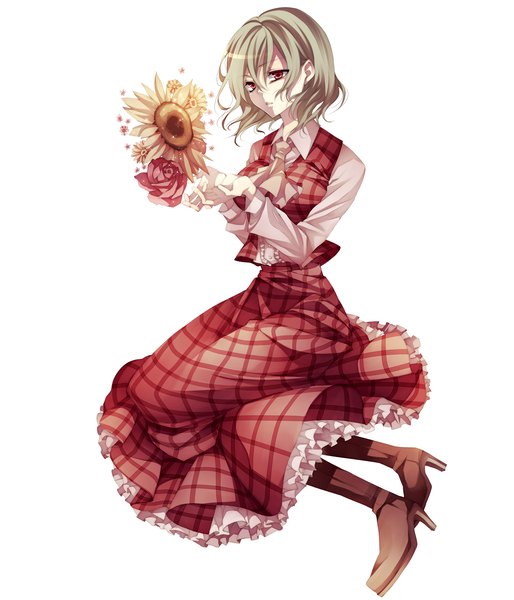 Anime picture 1500x1750 with touhou kazami yuuka tsukioka tsukiho single tall image highres short hair red eyes white background green hair girl dress skirt flower (flowers) rose (roses) skirt set sunflower