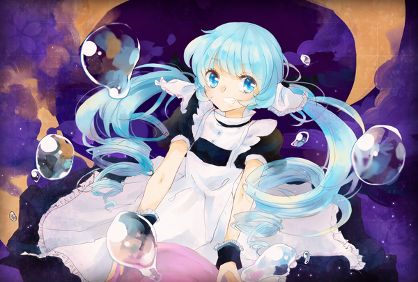 Anime picture 1748x1181 with vocaloid hatsune miku altair (woshei79) single long hair looking at viewer highres blue eyes twintails blue hair girl dress bubble (bubbles)