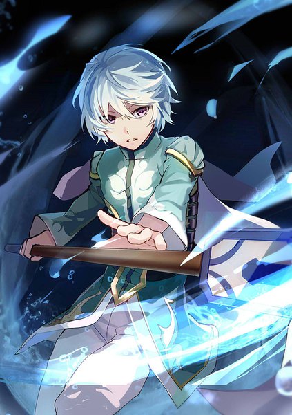 Anime picture 752x1067 with tales of (series) tales of zestiria mikleo (tales) qitoli single tall image looking at viewer fringe short hair simple background hair between eyes standing purple eyes holding silver hair parted lips magic dark background boy water