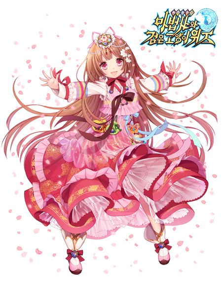 Anime picture 750x1000 with original byulzzimon single long hair tall image looking at viewer open mouth red eyes brown hair white background girl dress hair ornament petals boots