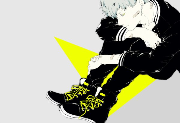 Anime picture 850x583 with original meiya1230 single short hair simple background sitting profile grey hair grey background looking down bandaid on face bandaid on arm bandaid on hand boy shoes jacket bandaid sneakers bomber jacket