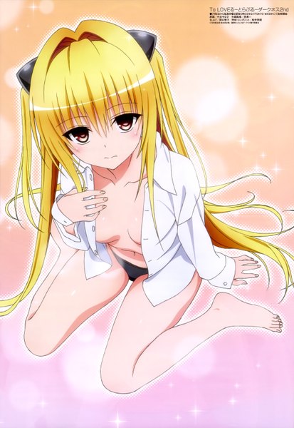 Anime picture 4086x5935 with toloveru toloveru darkness megami magazine xebec konjiki no yami single long hair tall image looking at viewer highres breasts light erotic blonde hair red eyes absurdres open clothes official art open shirt girl underwear
