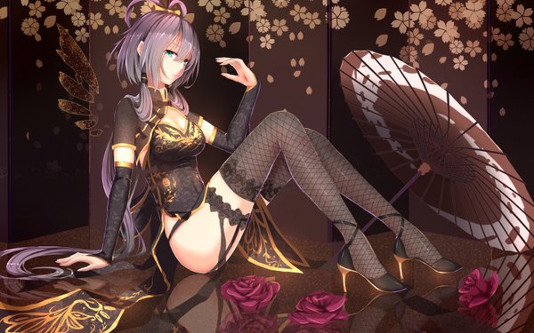 Anime picture 2880x1800 with vocaloid xing cai bakanoe single long hair looking at viewer fringe highres breasts light erotic large breasts sitting payot purple hair bent knee (knees) traditional clothes arm up aqua eyes arm support high heels