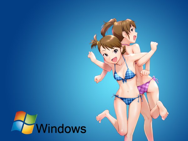 Anime picture 1600x1200 with idolmaster windows (operating system) futami mami futami ami looking at viewer short hair open mouth brown hair multiple girls brown eyes ponytail looking back barefoot inscription side ponytail blue background siblings twins back to back sisters