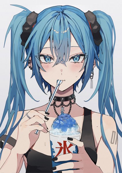 Anime picture 2315x3274 with vocaloid hatsune miku sakusya2honda single long hair tall image looking at viewer blush fringe highres blue eyes simple background hair between eyes twintails blue hair upper body nail polish grey background piercing ear piercing