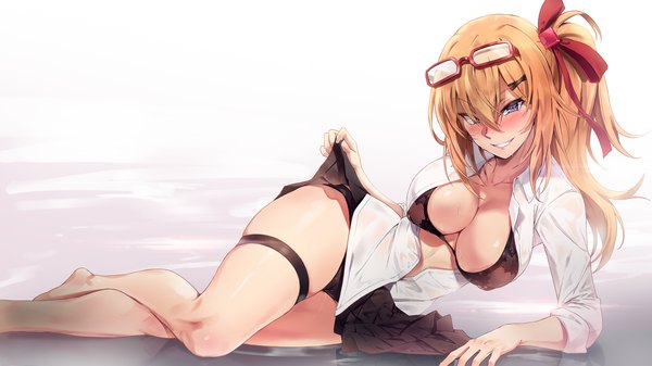 Anime picture 1920x1080 with girls frontline kalina (girls frontline) rainmaker single long hair looking at viewer blush fringe highres breasts blue eyes light erotic simple background blonde hair smile wide image cleavage parted lips pleated skirt barefoot