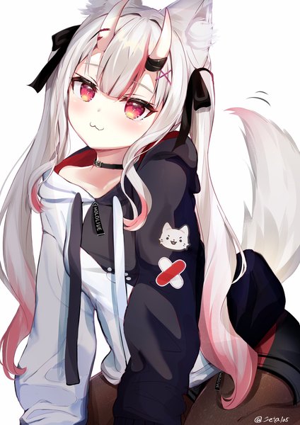 Anime picture 1447x2047 with virtual youtuber hololive nakiri ayame ookami mio ookami mio (3rd costume) seta (seta105) single long hair tall image looking at viewer red eyes white background sitting twintails signed animal ears silver hair tail head tilt animal tail