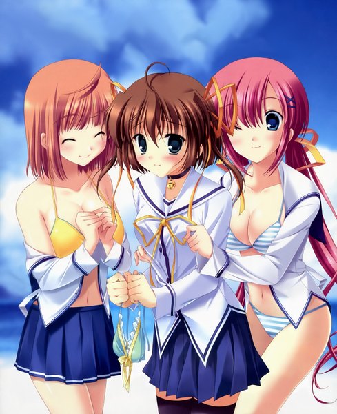 Anime picture 2893x3552 with da capo da capo ii asakura nemu shirakawa nanaka tsukishima koko yaegashi nan long hair tall image blush highres short hair blue eyes light erotic smile brown hair twintails bare shoulders multiple girls pink hair sky