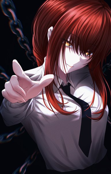 Anime picture 1800x2800 with chainsaw man mappa makima (chainsaw man) nisikm single long hair tall image looking at viewer fringe highres hair between eyes yellow eyes upper body red hair pointing at viewer girl shirt necktie white shirt chain