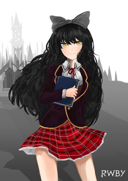 Anime picture 744x1052 with rwby rooster teeth blake belladonna 71pen single long hair tall image looking at viewer blush black hair yellow eyes light smile girl skirt bow hair bow book (books)