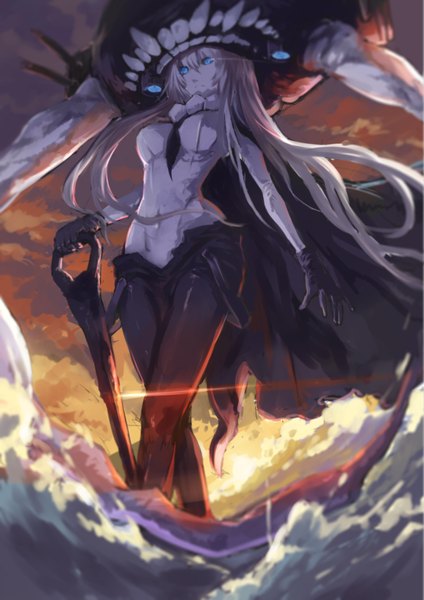 Anime picture 2480x3507 with kantai collection wo-class aircraft carrier xinuo single long hair tall image looking at viewer fringe highres breasts blue eyes standing sky cloud (clouds) white hair sunlight sunbeam shinkaisei-kan girl gloves