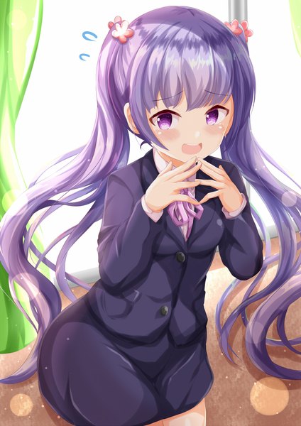 Anime picture 849x1200 with new game! doga kobo suzukaze aoba zenon (for achieve) single long hair tall image blush open mouth purple eyes twintails purple hair indoors :d lens flare girl suit business suit