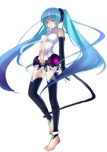 Anime picture 2893x4092 with vocaloid vocaloid append hatsune miku hatsune miku (append) nana mikoto single long hair tall image highres simple background white background twintails eyes closed barefoot aqua hair girl detached sleeves