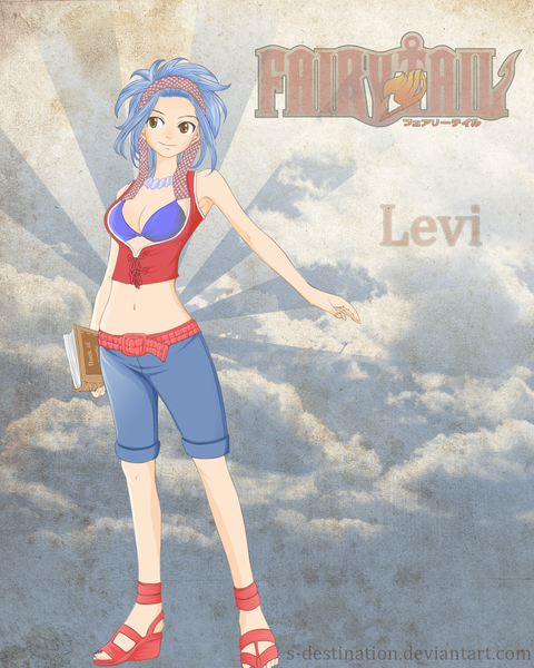 Anime picture 1280x1600 with fairy tail levy mcgarden s-destination single long hair tall image brown eyes blue hair cloud (clouds) light smile inscription midriff coloring girl navel shorts book (books) blouse