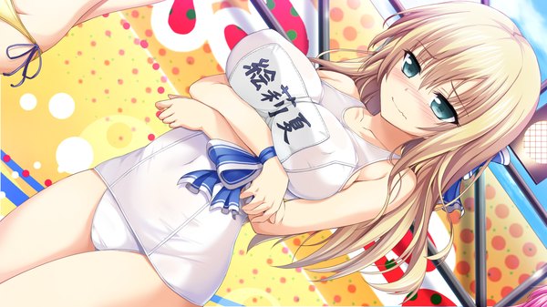 Anime picture 1920x1080 with love of renai koutei of love! erika ohtori oozora itsuki single long hair blush highres breasts blue eyes light erotic blonde hair wide image large breasts game cg embarrassed cameltoe crossed arms girl ribbon (ribbons) swimsuit